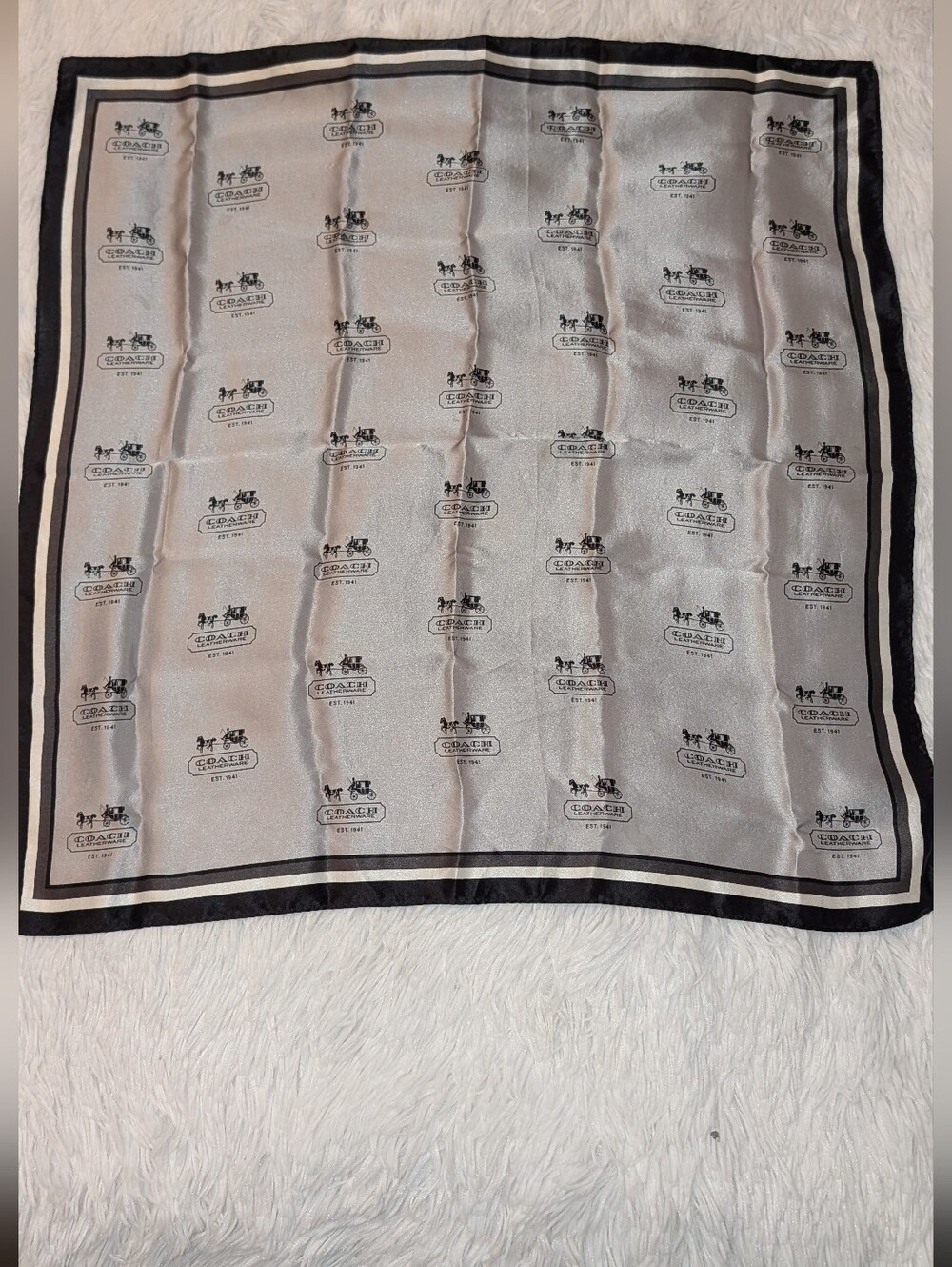 COACH Signature Horse Carriage Logo Pattern Silk Scarf 21" Light Gray Black GUC